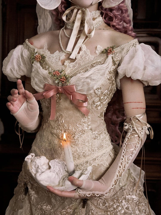 パフスリーブとエドワード朝のヴィンテージトップ、オフショルダーネックライン