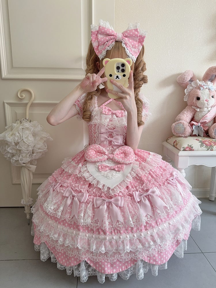 Kleid Schleife Lolita Muster Rosa Ärmel Schule Kurze Akzente Alt Süß Polka Dots