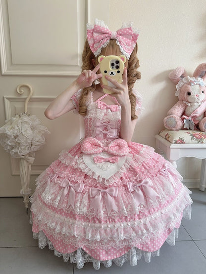 Kleid Schleife Lolita Muster Rosa Ärmel Schule Kurze Akzente Alt Süß Polka Dots