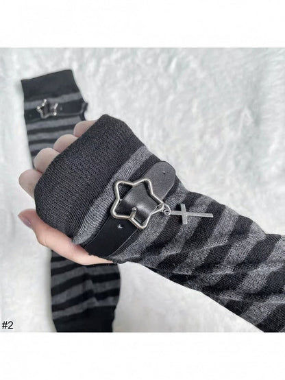 Stripe Pattern Fingerless Gloves in Black and Gray - Post-2000 Gift Shop