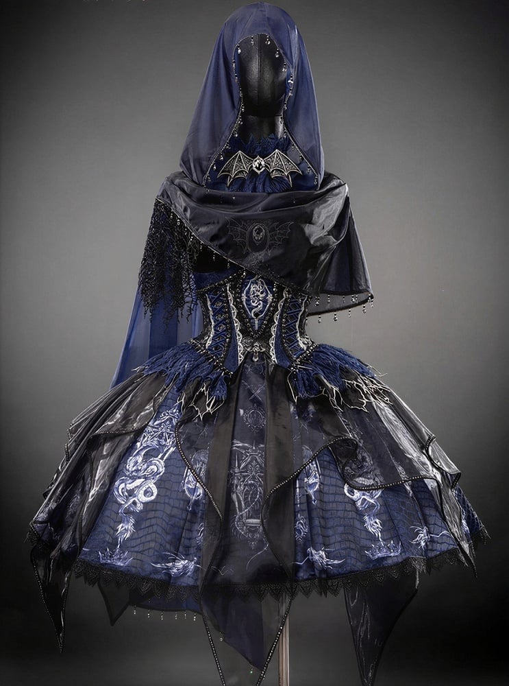 Black & Blue Bone Dragon Embroidery Halter Neck Gothic Lolita Dress Set - Ying Luo Fu