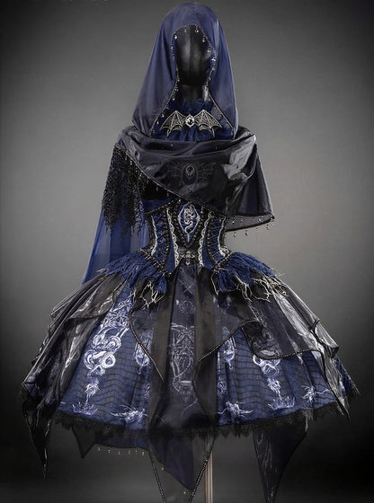 Black & Blue Bone Dragon Embroidery Halter Neck Gothic Lolita Dress Set - Ying Luo Fu