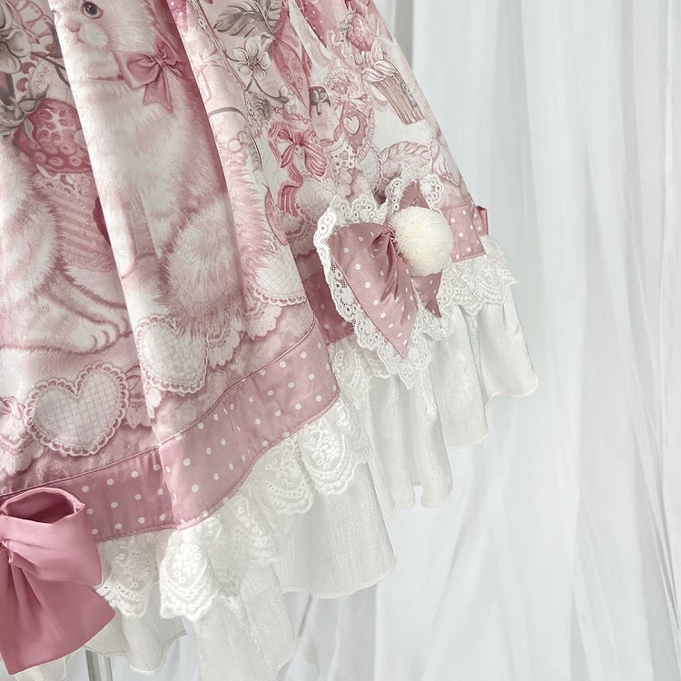 Bow Lolita Strawberry Sweet with Pink Print Jumper Skirt Accents and Kitty