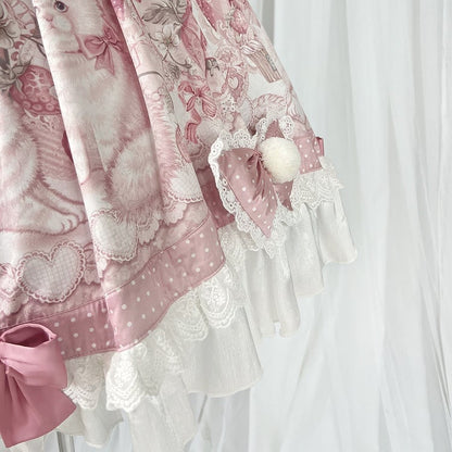 Bow Lolita Strawberry Sweet with Pink Print Jumper Skirt Accents and Kitty