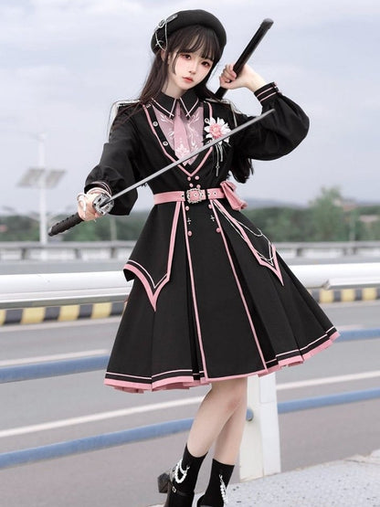 Pink with Military and Design Belt V-neck Lolita Black Ruffled Dress Details Buttons