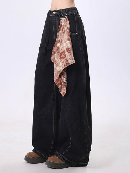 Scarf with Zippered Jeans Black Plaid Side Accent Wide-Leg