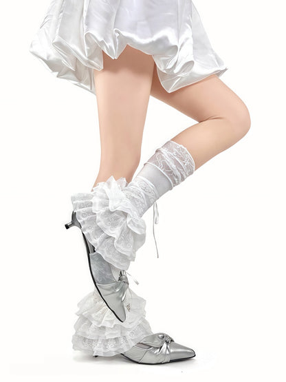 with Leg Straps Bow and White/Blue/Black Charms Ruffle Multi-Layer Warmers Lace