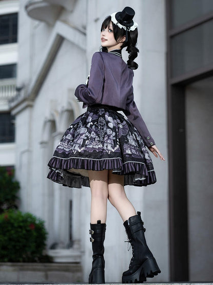 + Gothic Set Waist Skirt Bunny High Cropped Magician Coat Print Lolita Lapel Sleeveless Purple - Top