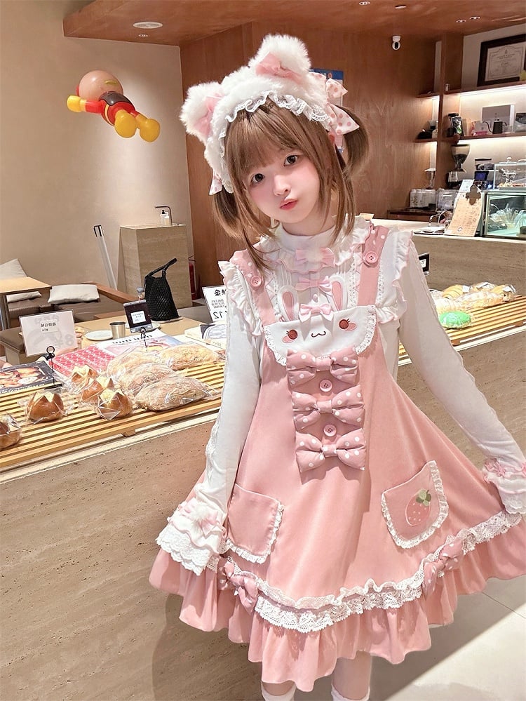 on Polka-dot Bowknot Lolita Jumper Skirt Details Bunny Ears Design Sweet Waist Hood Pink