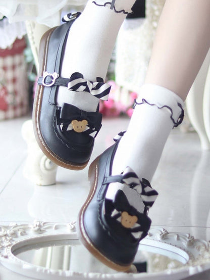 - with Flats Striped 2cm Black Leather Sweet Details PU Decor Bear and Bow Heel