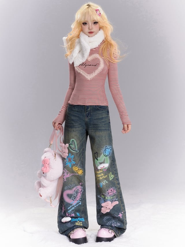 Blue Bunny Plushies Adorned Cats Graffiti Wide-leg Cut Jeans