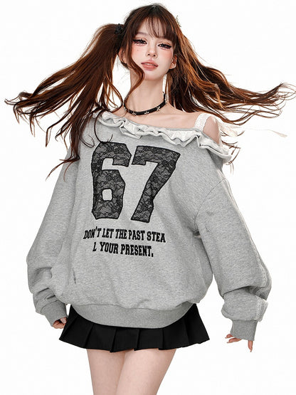 ブラック/グレー レースアップリケ アシンメトリーネックライン スウェットシャツ