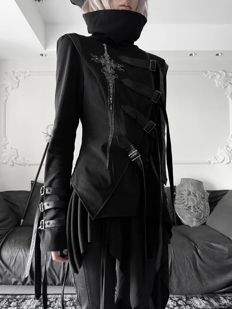 Top Print Stacked Sword PU Gothic Asymmetrical Decorated - Buckle Strap Black Collar