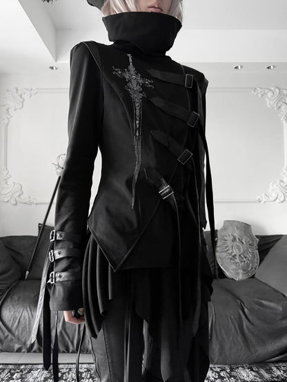 Top Print Stacked Sword PU Gothic Asymmetrical Decorated - Buckle Strap Black Collar
