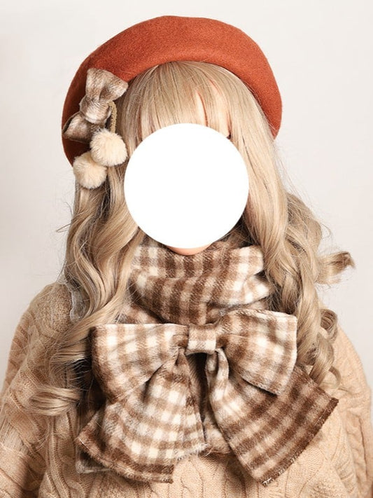 Brown Plaid Lolita Scarf with Detachable Plaid Bowknot