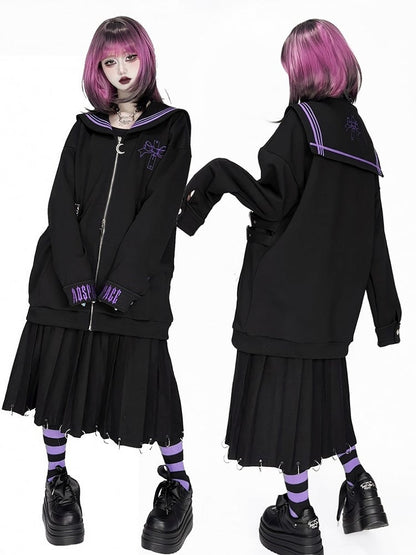 Purple Nautical in Collar Sailor - Jacket Style Black