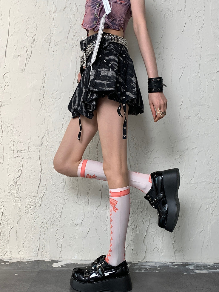 Stockings WhiteOrange Banded Bunny Y2K Underknee Print Crisscorss And Bowknot