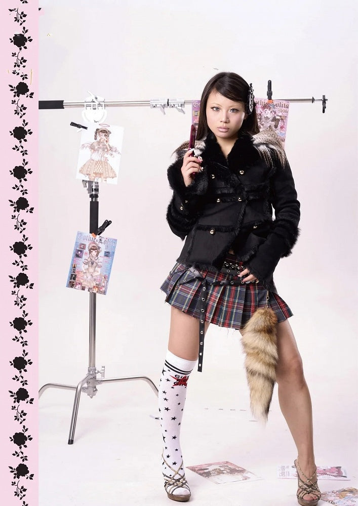 Y2K Red Plaid Punk Studded Mini Box Pleat Skirt with PU Strap and Chain