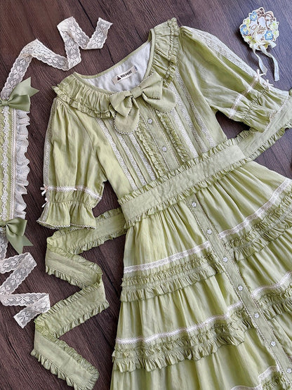 Green Layered Ruffles Elegant Lolita Dress Front Button Placket - Miss Point