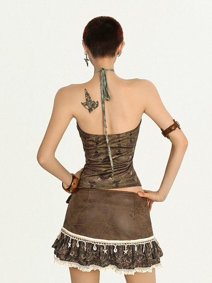 Brown & Green Desert Style Halter Neck Sleeveless Blouse with Lace Pattern