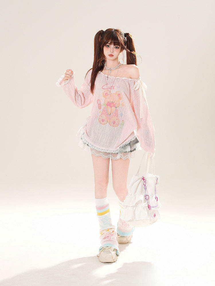 Ausschnitt-Überwurf, schulterfrei, entzückender Bärendruck, Rosa/Weiß, zum Selbstbinden