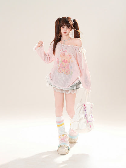 Ausschnitt-Überwurf, schulterfrei, entzückender Bärendruck, Rosa/Weiß, zum Selbstbinden