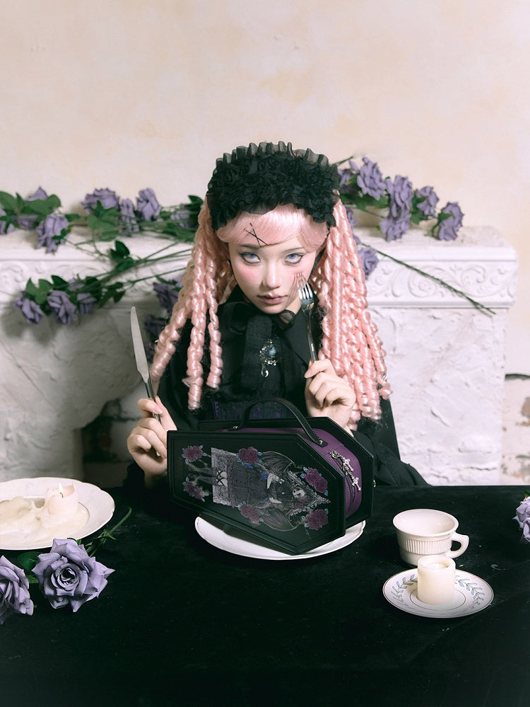 ゴシックブラックの棺型グラフィックプリントハロウィンバッグ