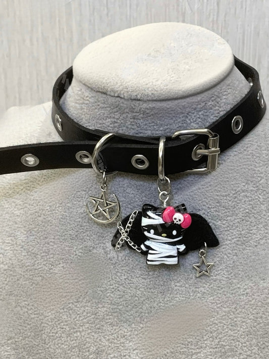Black Devil Kitty and Pentagram Pendant Buckle Choker
