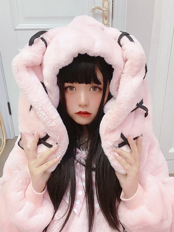 Crossed Bunny Ear Hooded Coat - Adorable Pink Jirai Kei Plush Jacket for a Sweet Yet Edgy Look
