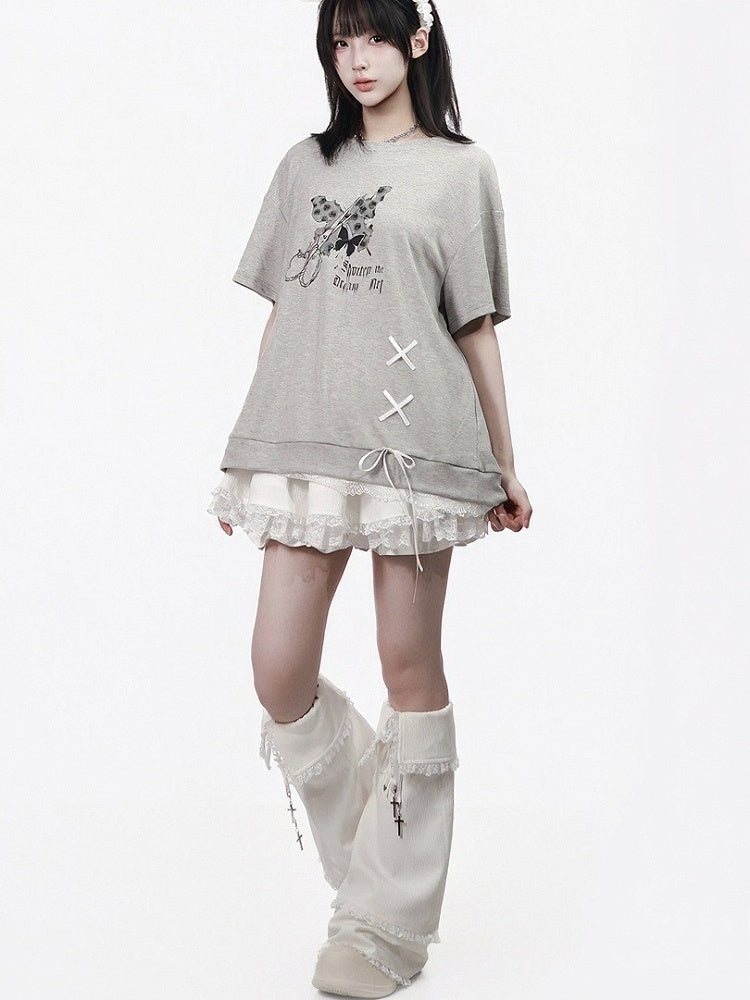 Gray Butterfly Round Neck Top with Lace & Ribbon - PINK SAVIOR