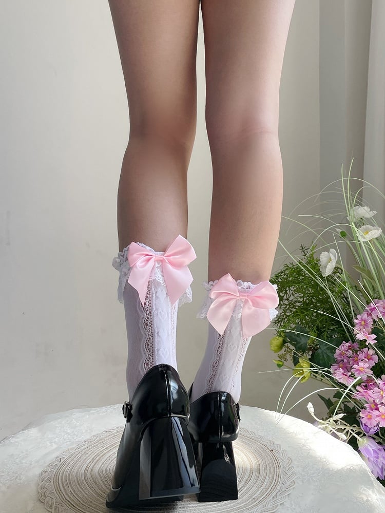 Sweet Lolita White and Pink Bow Lace Trim Calf Socks