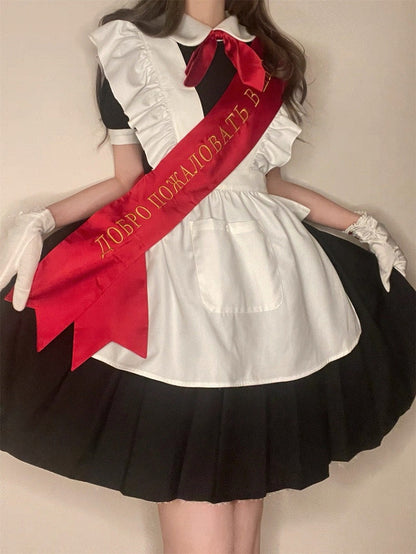 + Sleeves Full Pleated Ribbon Black with Tie Embroidered Dress Apron Short Maid Red Bow Lolita Set