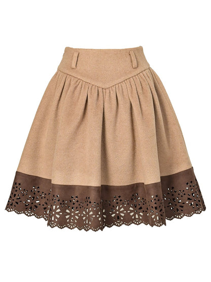 V-Waist with Skirt Khaki Hem Floral Cut-out Brown Suede Steampunk