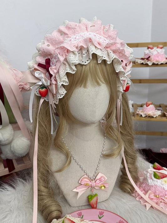 Hairband White Lace Lolita Sweet with Pink and Ruffled Charms Strawberry