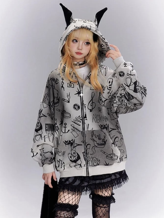 Grey Cartoon Graffiti Print Animal Ears Design Zip Hoodie