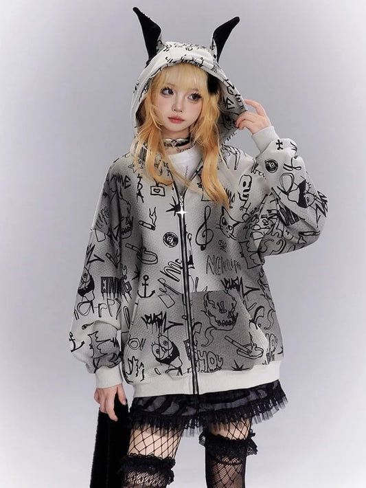 Grey Cartoon Graffiti Print Animal Ears Design Zip Hoodie