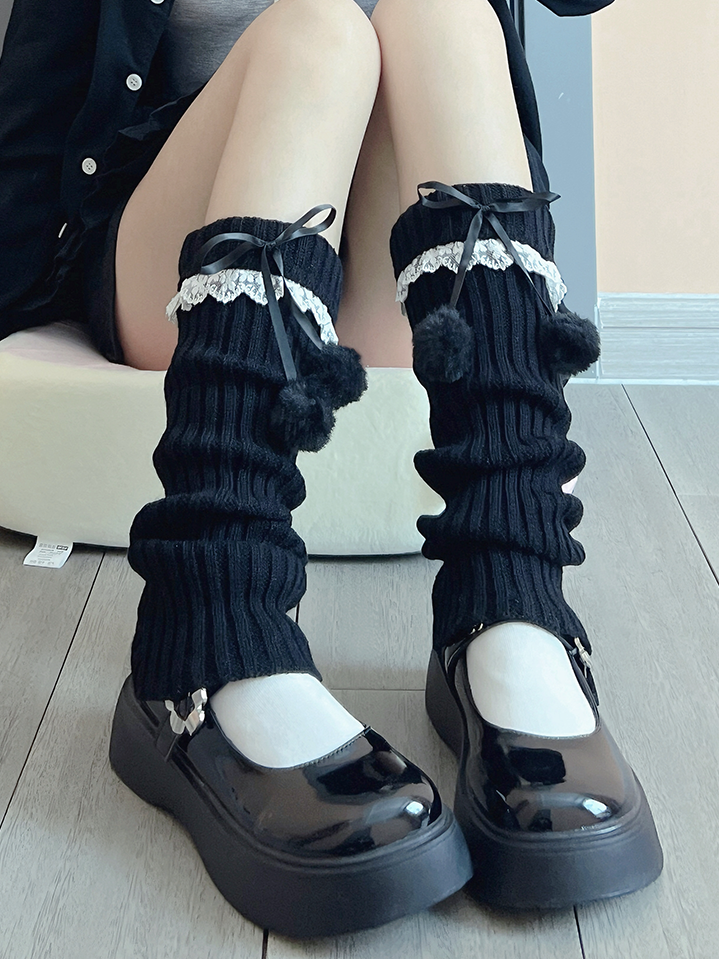 Khaki Sweet Bowknot Lace Details Knitted Leg Warmers With Pompons