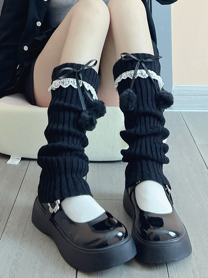 Khaki Sweet Bowknot Lace Details Knitted Leg Warmers With Pompons
