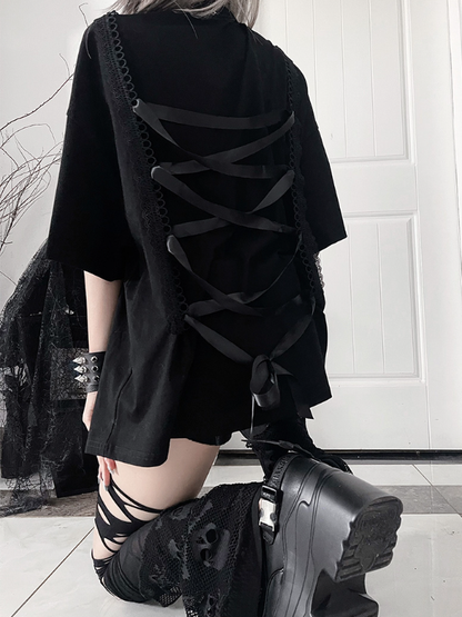 Lace-Up Sleeve Square Neck Black PrintBack Topwith Gothic Short Anime