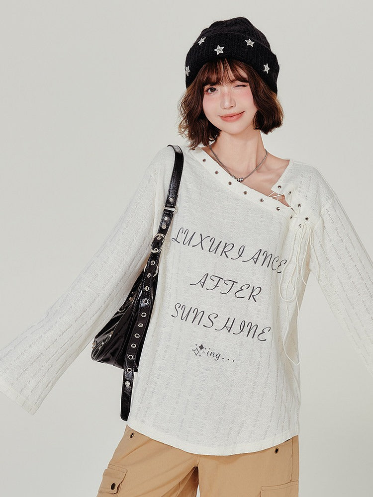 Retro Asymmetrical Neckline Design Apricot Long Sleeve T-Shirt - Girlyhalo
