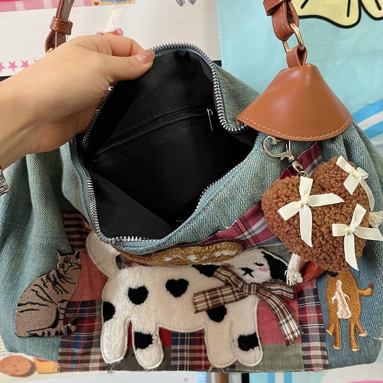 Kitten Puppy Bag and Pink Washed with Vintage Patches Artisanal Blue Plaid Shoulder Denim