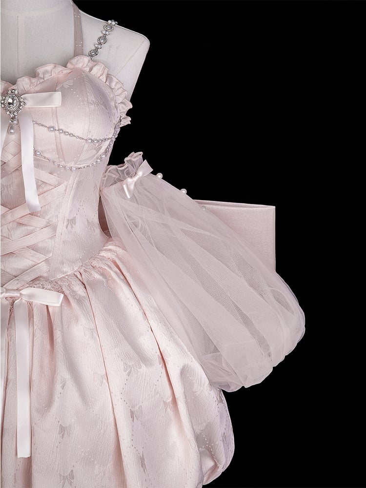 Princess Pink Bow Jacquard Ballet Train Dress + Big Sleeves Lolita Tulle Puff