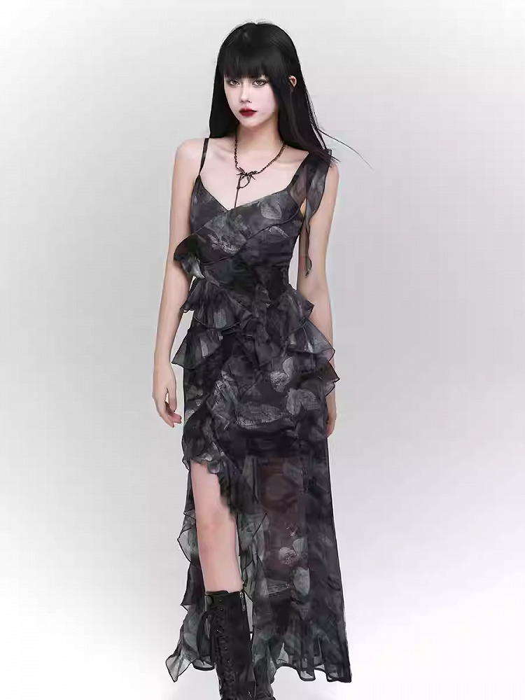 Purple/Dark Gray Butterfly Tie Dye Asymmetrical Flounce Hem Slip Dress