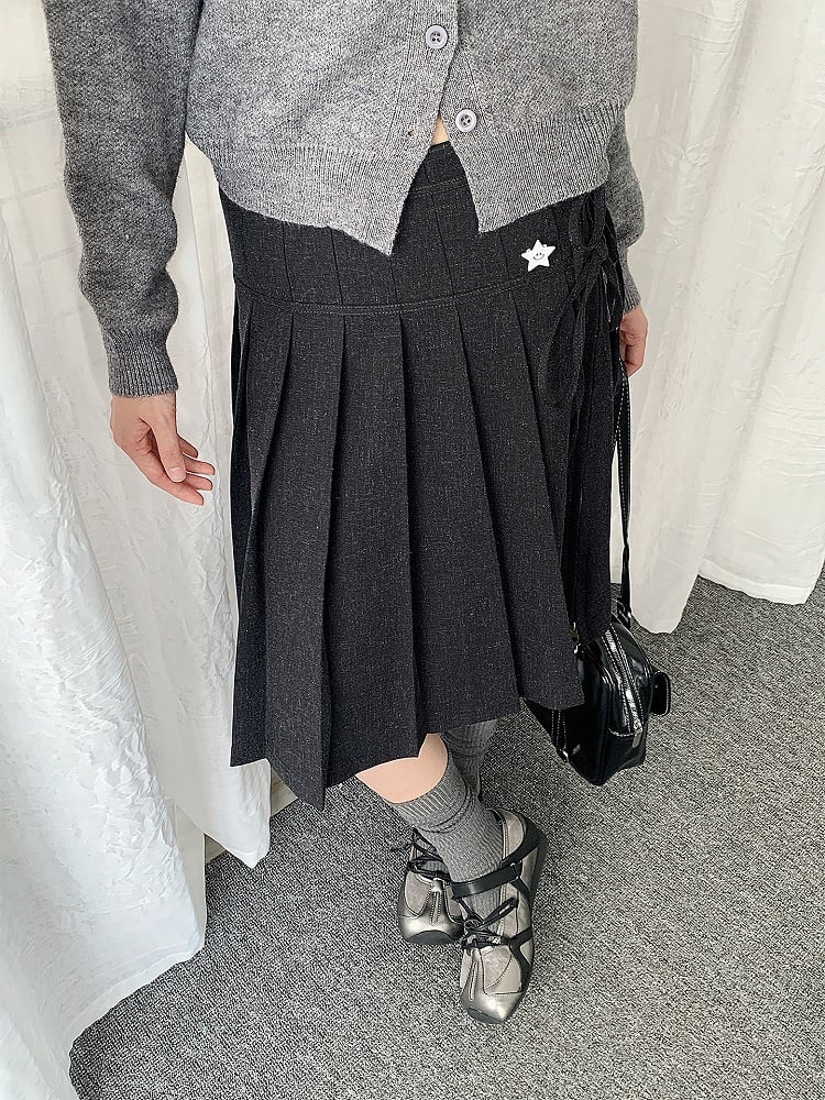 Self-tie Straps Skirt Pleated Grey Side-zip with