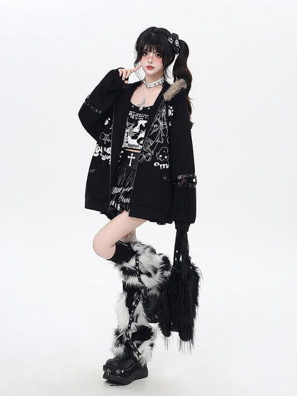 Collar Fur Punk Faux Detail with Lace-Up Coat Khaki/Black Loose