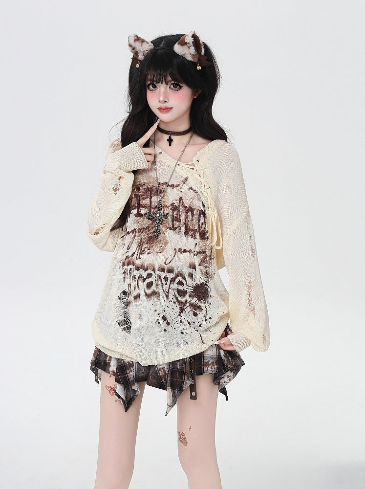 Distressed Holes Lace-up Neckline Ink-jet Print Black/Apricot