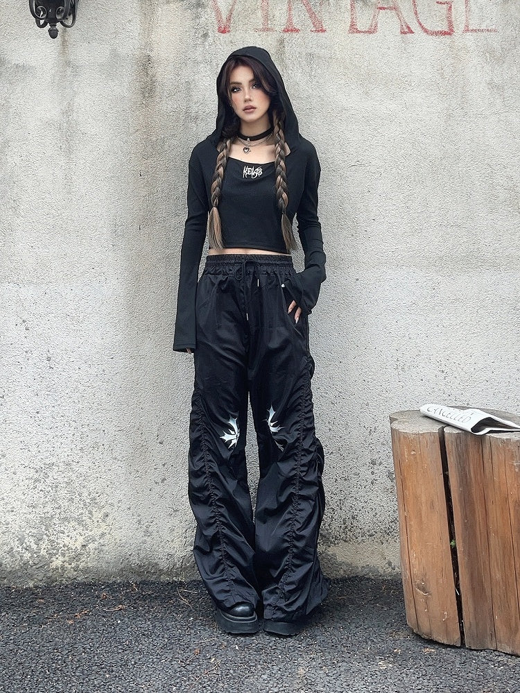 ウエストクロスプリントデザイン ドローストリング ブラック ルーシュ カジュアルパンツ