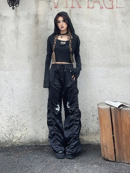 ウエストクロスプリントデザイン ドローストリング ブラック ルーシュ カジュアルパンツ