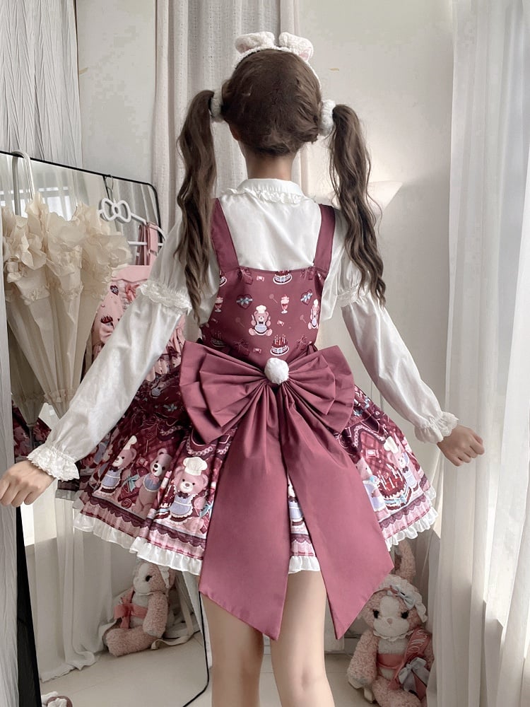 + Sweet Dress and Lolita Big Overall Print Cake Bear Reddish Brown Train Bow