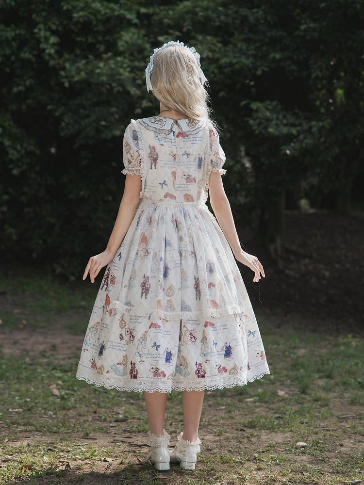 Azure Alice in Wonderland Print Round Neck Sweet Gown with Drawstring Waist - Forest Fairy Tales